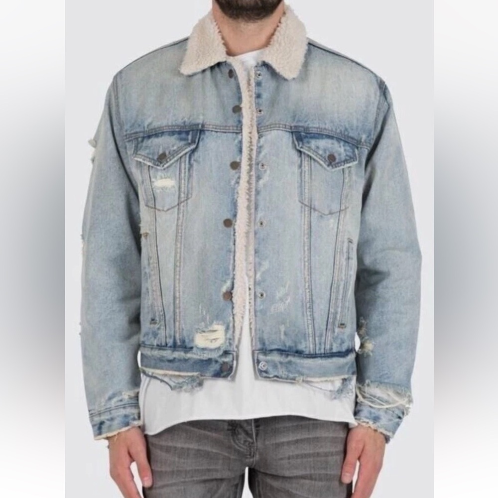 MNML Sherpa Lined Blue Denim Distressed Trucker Jean Jacket 90s grunge style S